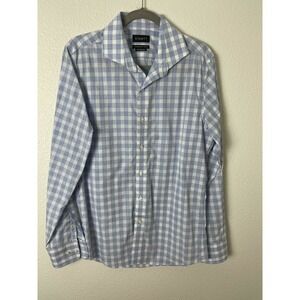 Stantt Men's Blue White Plaid Button Up Shirt Long sleeve